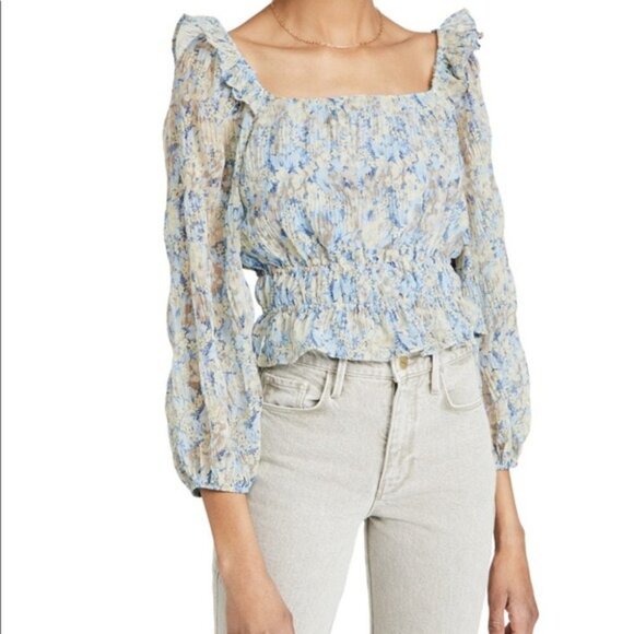ASTR The Label  Elva Floral Long Ruffle Sleeve Square Neck Blue Taupe blouse LG - Picture 16 of 16